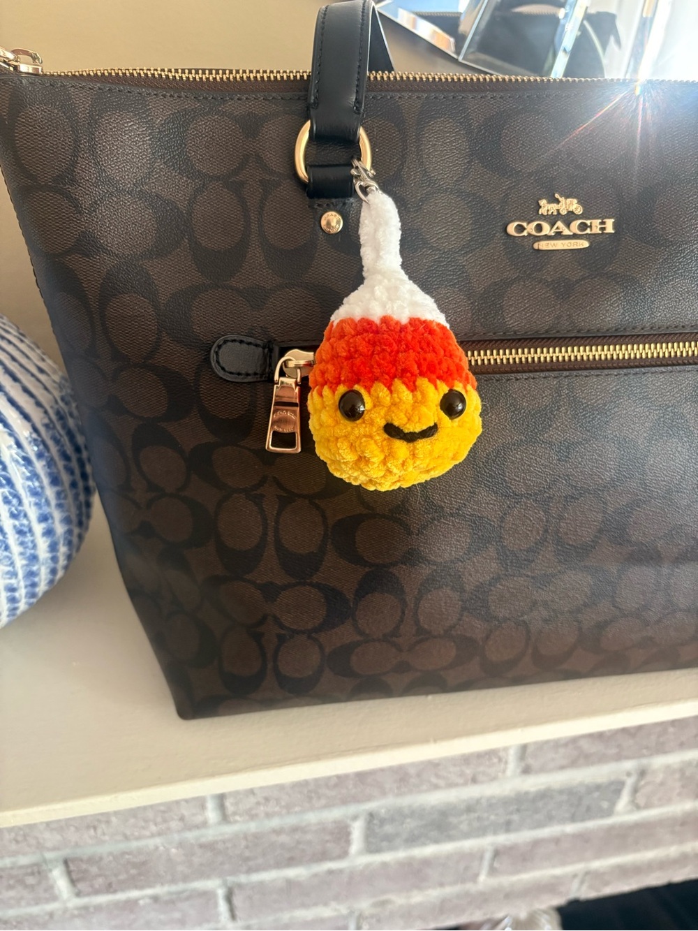 Handmade crochet candy corn bag charm key charm